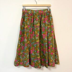 Tiny Tassel Cotton Midi Skirt Leopard Floral Print Brown Pink Women’s Medium